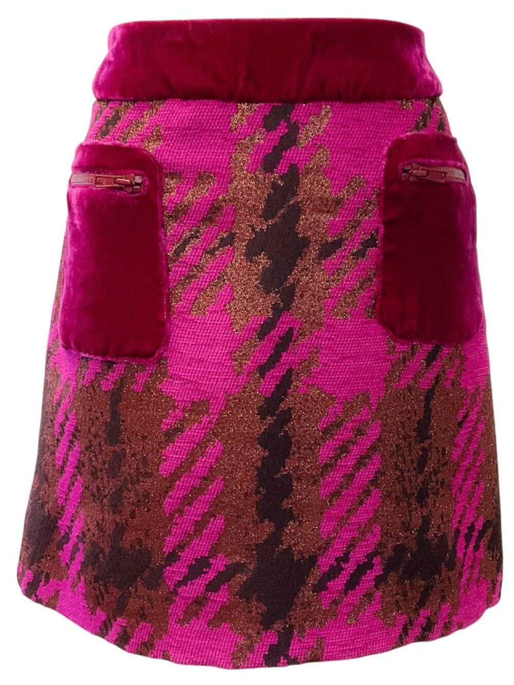 Anna Sui Pink / Gold Houndstooth Mini Skirt with Lurex and Velvet